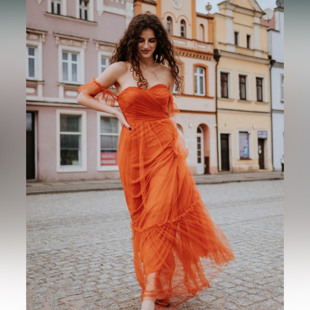 Ever-pretty maxi sweetheart off shoulder tulle dress- burnt orange
